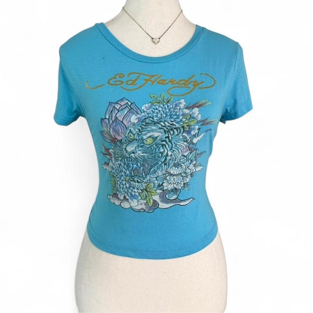 Ed Hardy Blue Y2K Baby Tee Short Sleeve Top size large